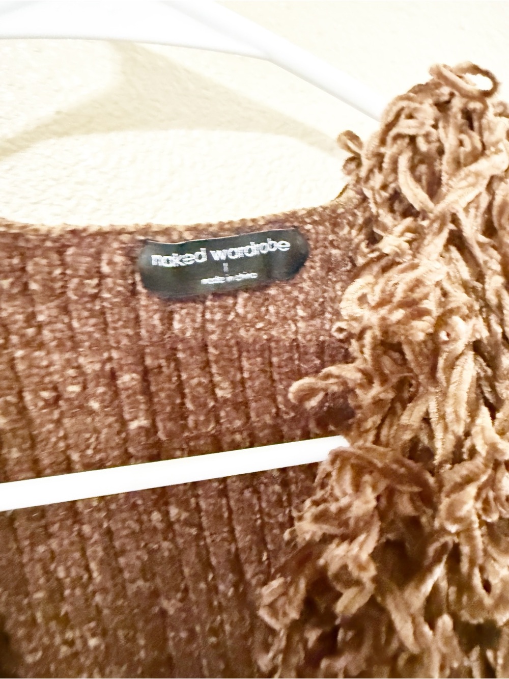 Naked Wardrobe Knit Fringe V-Neck Cardigan Brown Chenille Wrap Size Large - Picture 9 of 13